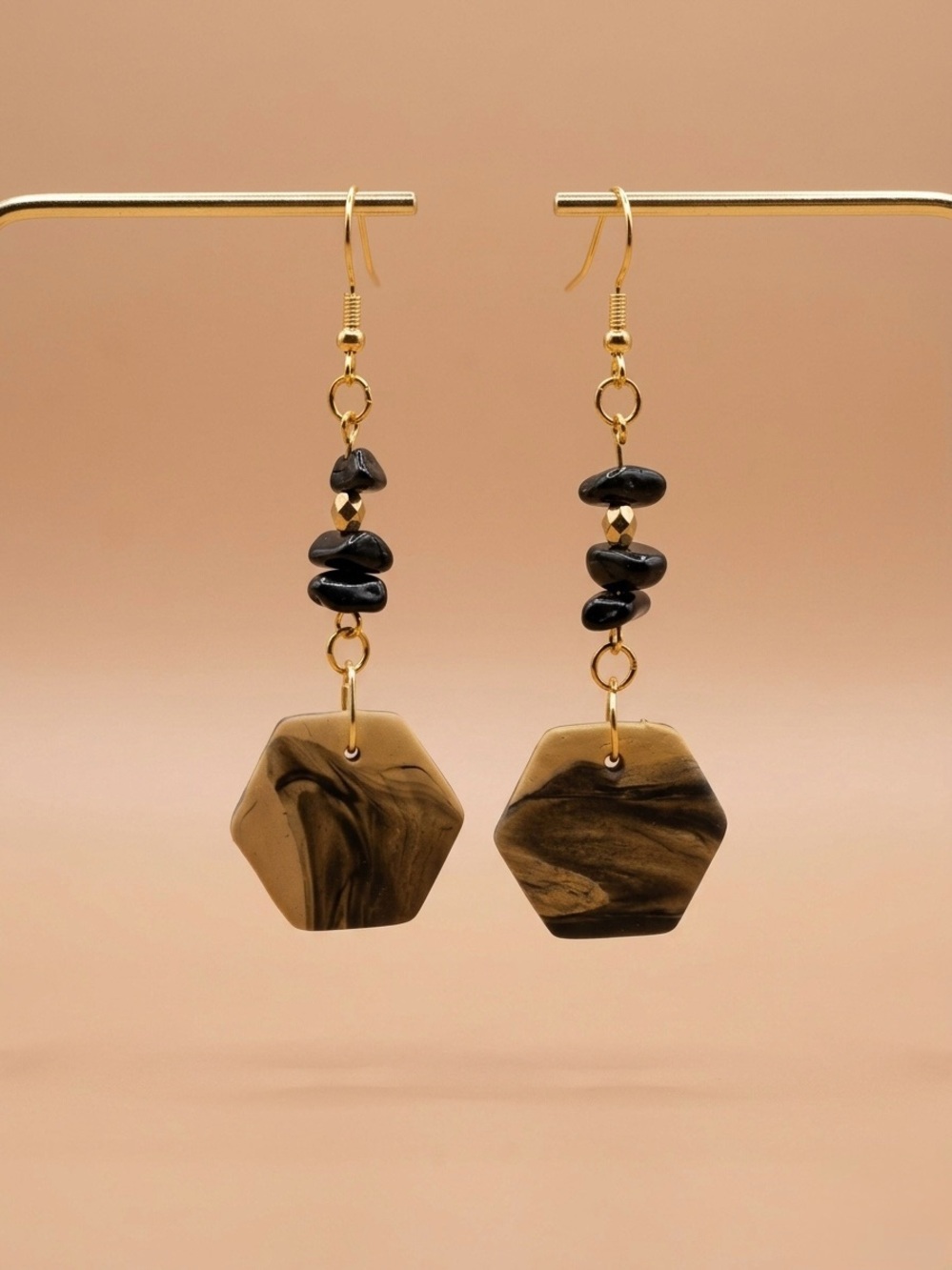 Handmade Gold and Black Hexagon Dangle Earrings - Women Jewelry